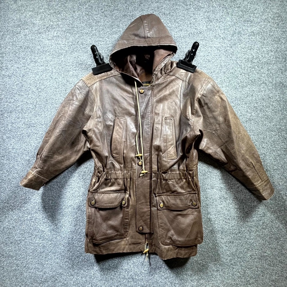 Vintage DANY Jacket Womens Small Brown Leather Hooded Full Zip Utility Grunge